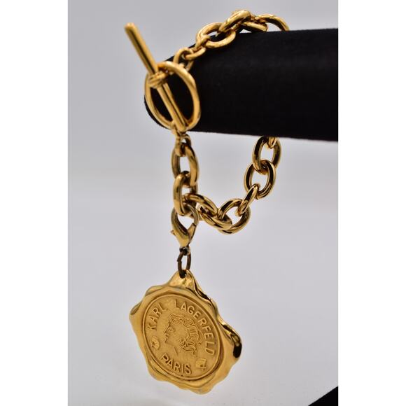 Karl Lagerfeld Jewelry - Karl Lagerfeld Vintage Logo Charm Bracelet Seal Medallion Paris Gold Runway Bin5